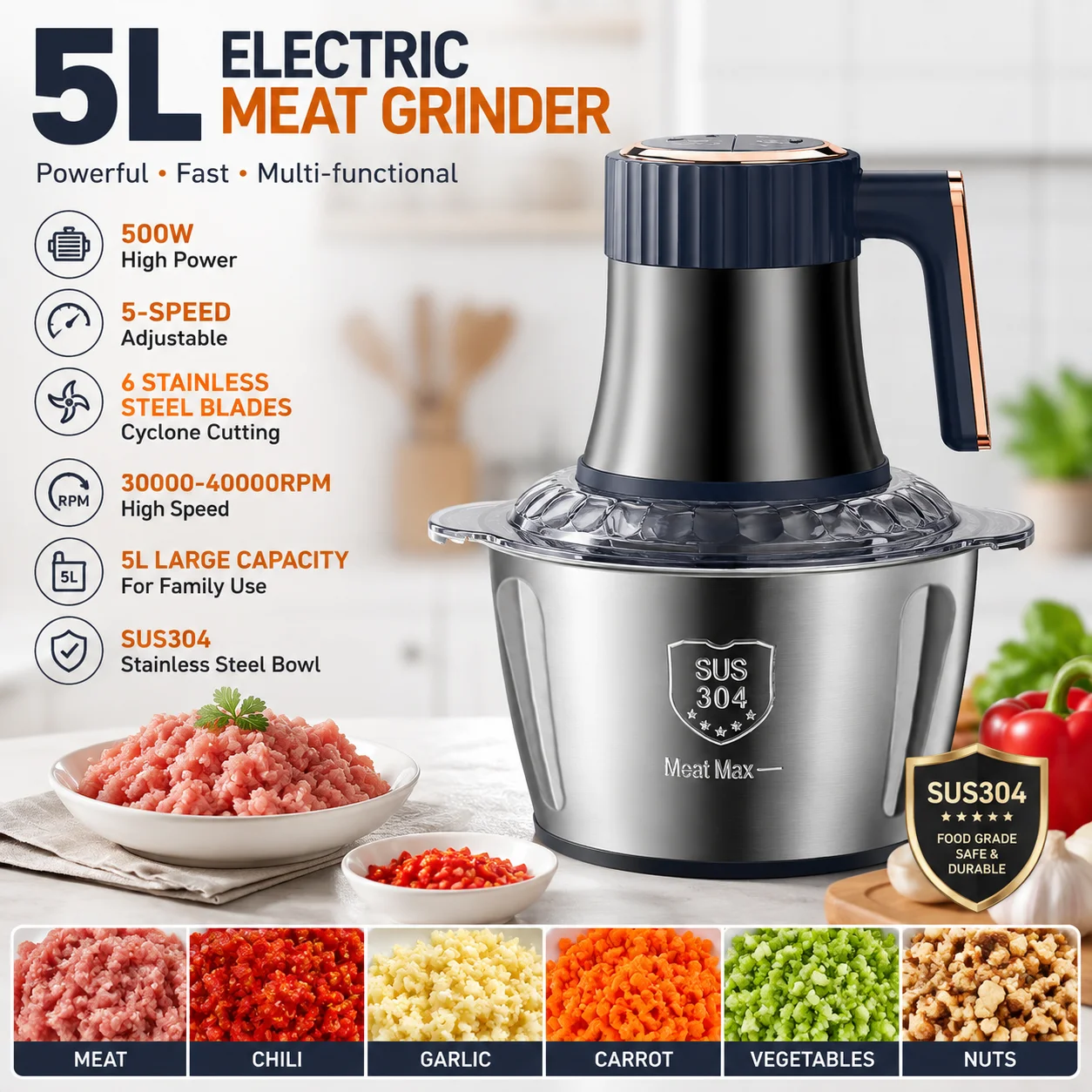 NOUVEAU 2026 Hachoir Électrique en Acier Inoxydable 5L, Hachoir Alimentaire Multifonction 5 Vitesses avec 6 Lames en Acier Inoxydable, Coupe-Légumes e