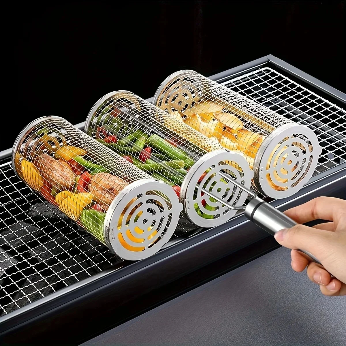 Grand panier grillé à mailles rondes pour barbecue, idéal pour les tranches de légumes et de poisson, parfait pour le pique-nique en plein air, la cuisson au camping