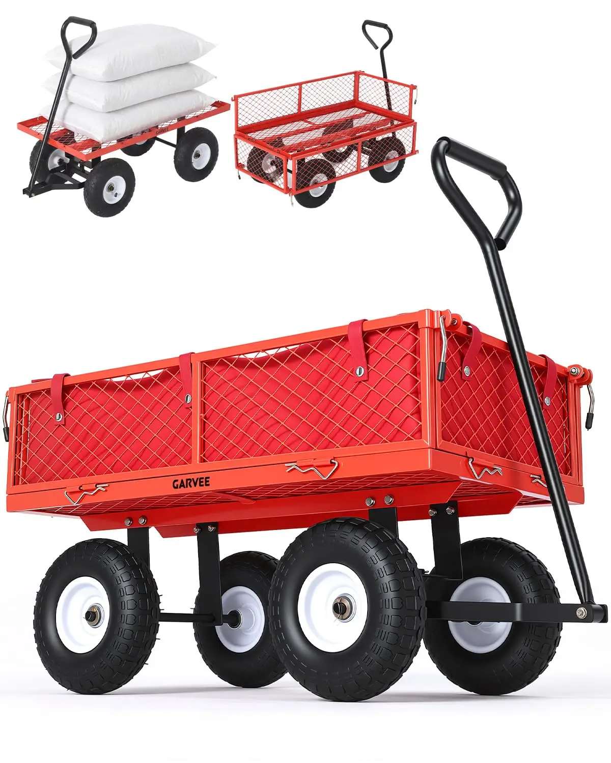 Carrello da giardino in acciaio resistente, capacità di 400 libbre, lati in rete rimovibili, pneumatici adatti a tutti i tipi di terreno da 10 pollici - 180 ° Maniglia Girevole, Rossa