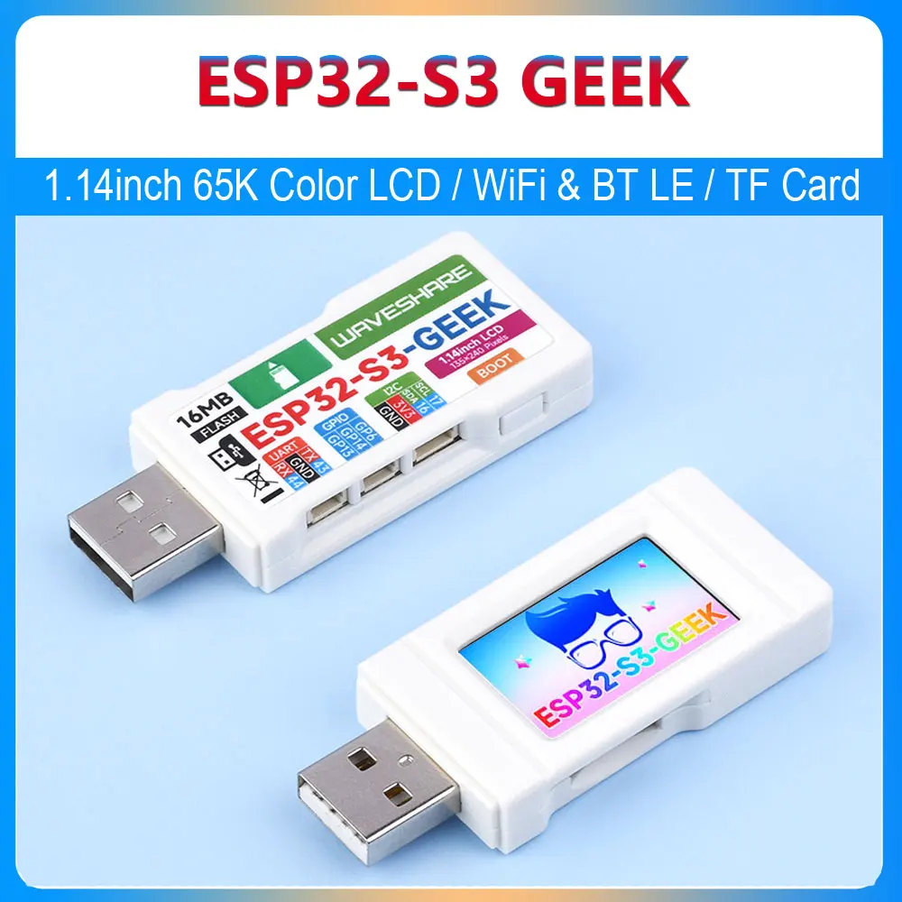 ESP32-S3 GEEK com LCD colorido, USB, Wi-Fi, Bluetooth, LE, ESP32-S3R2, 16MB Flash, slot para cartão TF, UART a bordo, GPIO, porta I2C, 1,14"