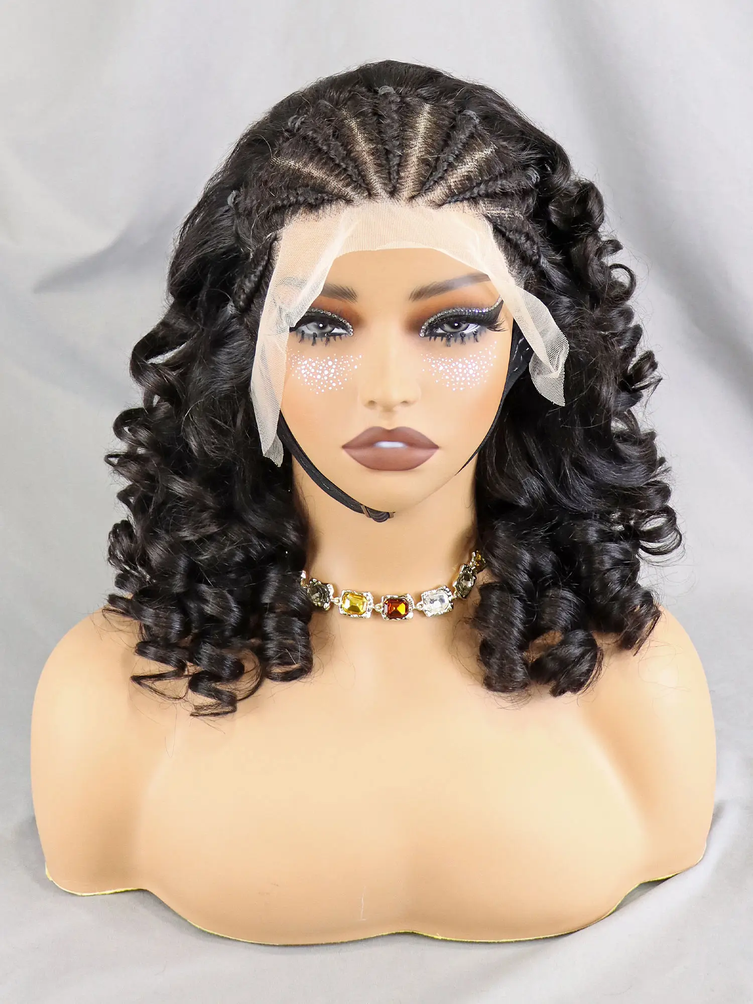 

Natural 250% Density 13x4 Lace Frontal Wigs 16 Inch Remy Human Hair Cornrow Braided Wigs Loose Fumi Curly Hair Bob Wig for Women