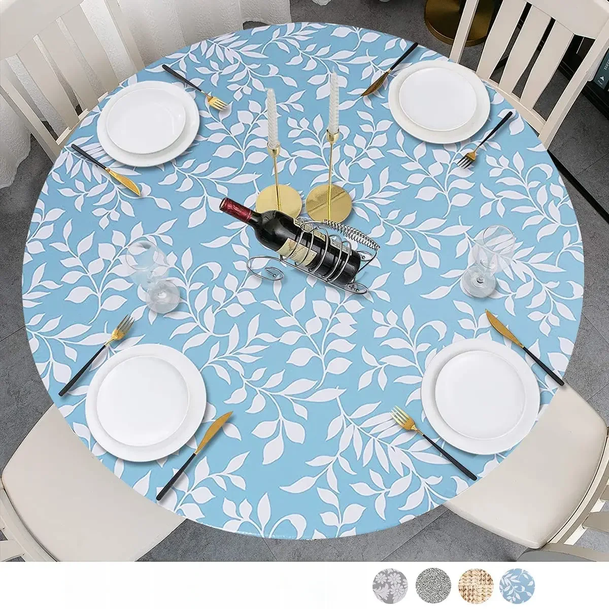 Fitted Round Plastic Vinyl Table Cloth Flannel Backing Elastic Edge Waterproof Table Protector for Dining Room Table Cover
