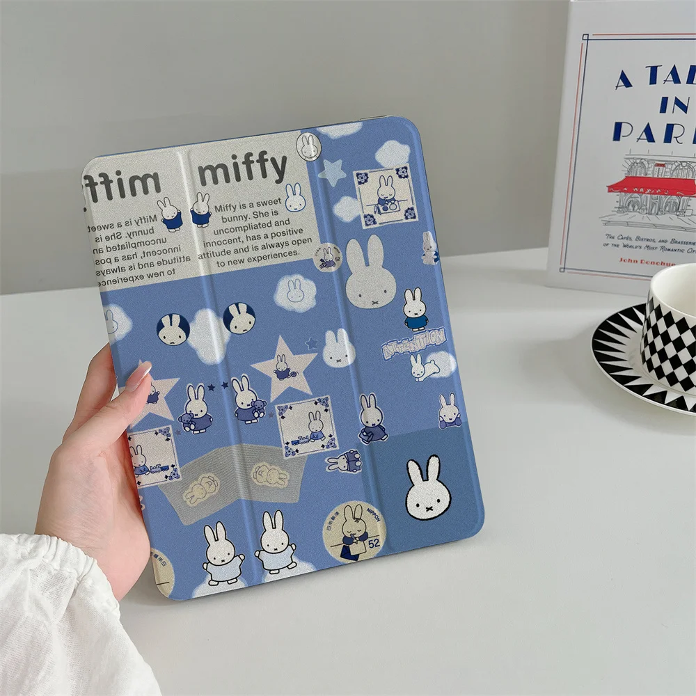 INS Cute Cloud Star Miffy Rabbit PU Cover is suitable for iPad A16 2024 11 inch, 2025 Air 5/4, 10.9-inch iPad 10, 9.7-inch,