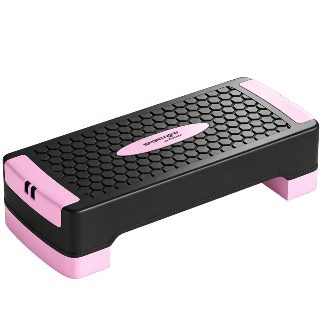 Roze in hoogte verstelbare aerobic stepper met 2-niveau platform van 11/16 cm, antislip oefenmat en 2 weerstandsbanden voor fitness en workout in de homegym.