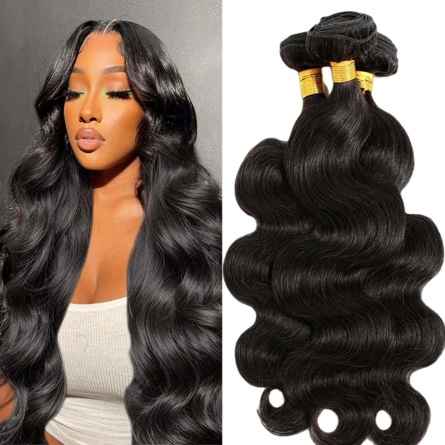 바디 웨이브 1 3 묶음 인모 12A 인모 묶음 100% 미가공 브라질산 버진 헤어 묶음 # 1B 내추럴 블랙 헤어
