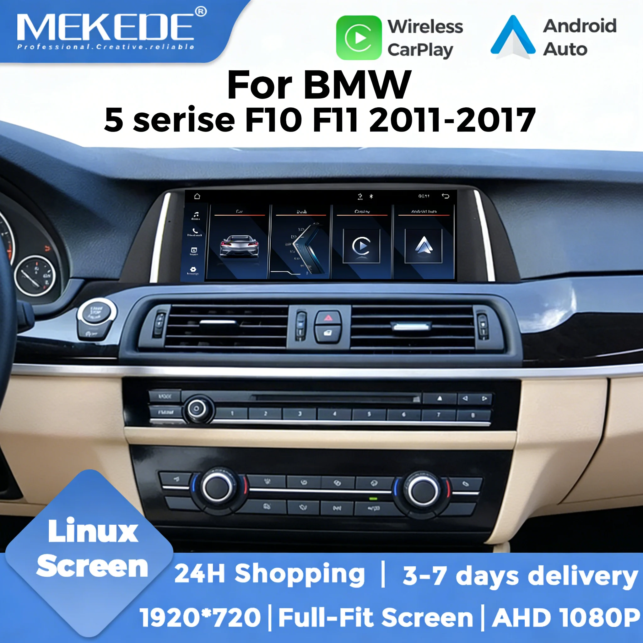 MEKEDE 10,25 Zoll Linux-System für BMW 5er F10 F11 2012-2017 CIC NBT System Auto-Multimedia-Bildschirm Kabelloses CarPlay Android Auto Plug-and-Play 1920*720 HD-Display WIFI Split-Screen-Funktion