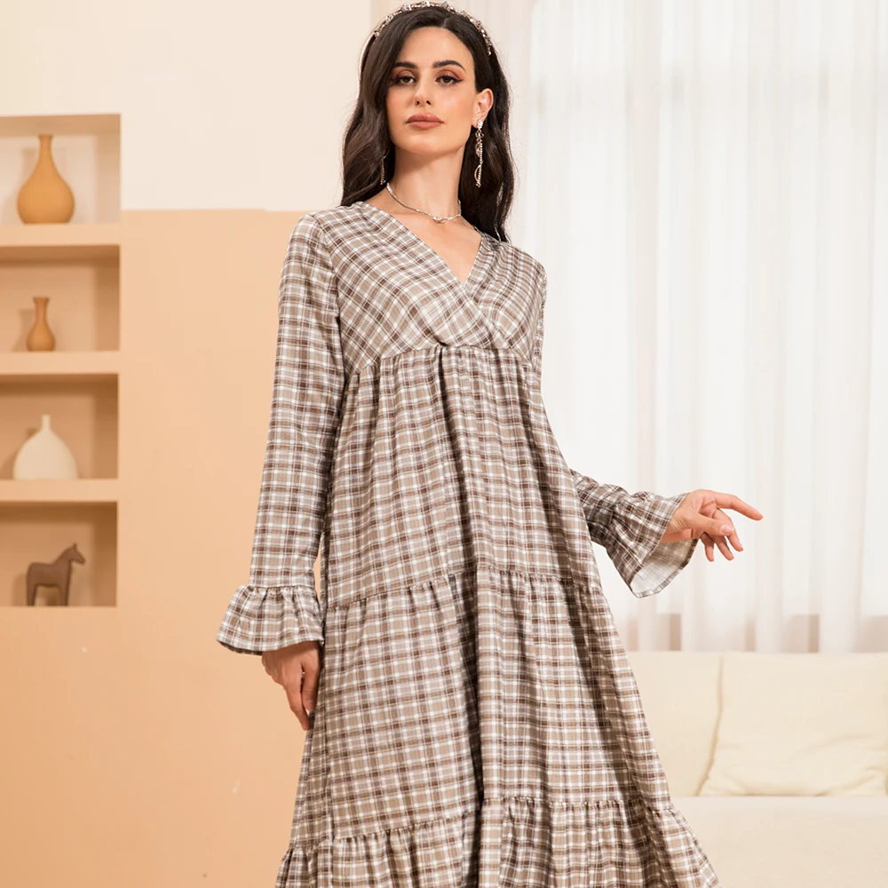 Elegant style V-neck Plaid Splicing Ruffle Flared sleeve Long Dresses