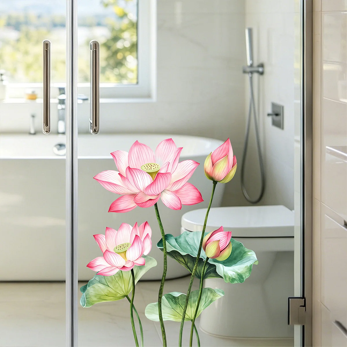 Detachable Lotus Wall Sticker, Waterproof PVC Glass Sticker, Bathroom, Window, Sliding Living Room Door Home Decoration view 3