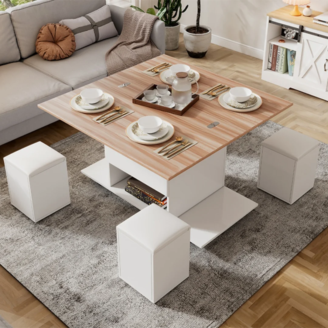 Mesa de centro con altura ajustable, mesa de centro multifuncional 3 en 1, mesa de salón con espacio de almacenamiento, convertible en mesa de comedor, mesa de estudio con ruedas y 4 taburetes