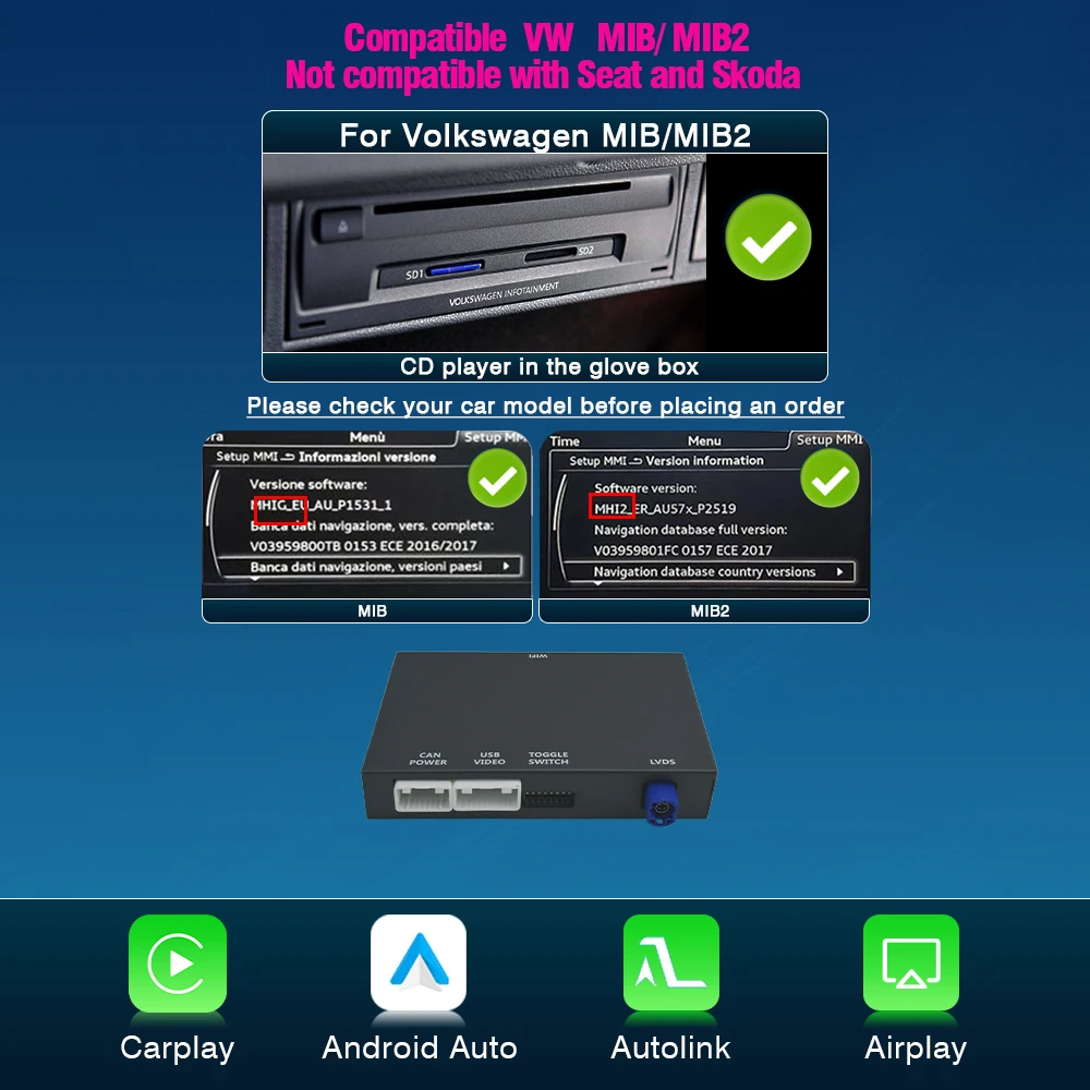 AUTOTOP Draadloze Android Auto Carplay Module Box Voor VW Golf7 Polo Tiguan Passat Arteon Scirocco T-Cross MIB MIB2 mib2.5