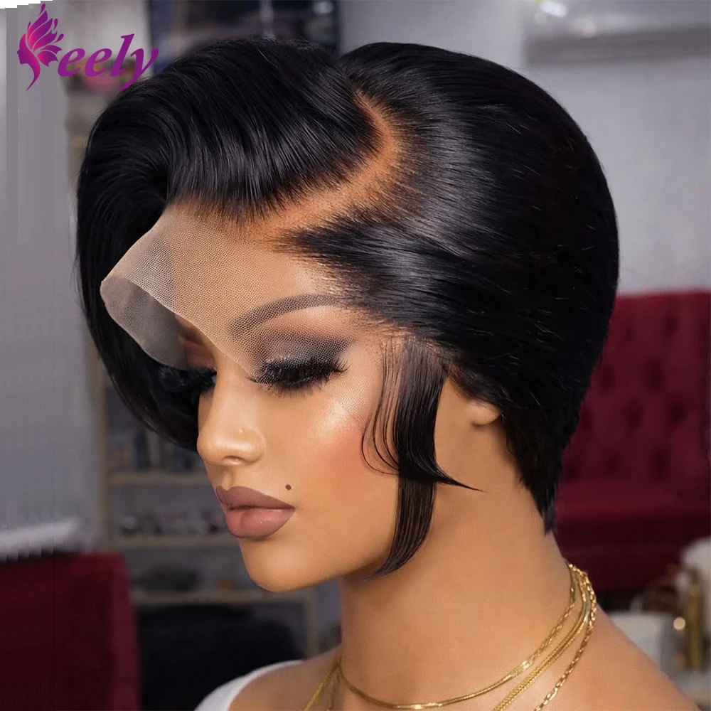 

Парик Pixie Cut с прозрачной кружевной передней частью, короткий парик-каре из натуральных человеческих волос, 13x4 T-образная кружевная основа, бразильские волосы Remy с мелированием # 1B