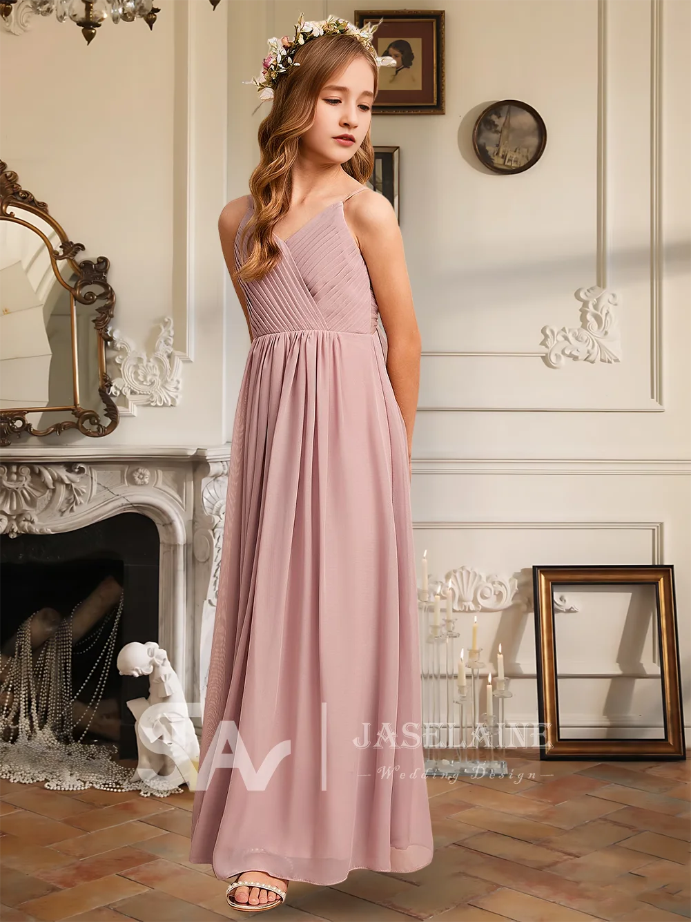 エレガントな A ライン V ネック床長さのシフォンジュニアブライドメイドドレスダスティローズフラワーガールドレスガールズパーティー結婚式フォーマル