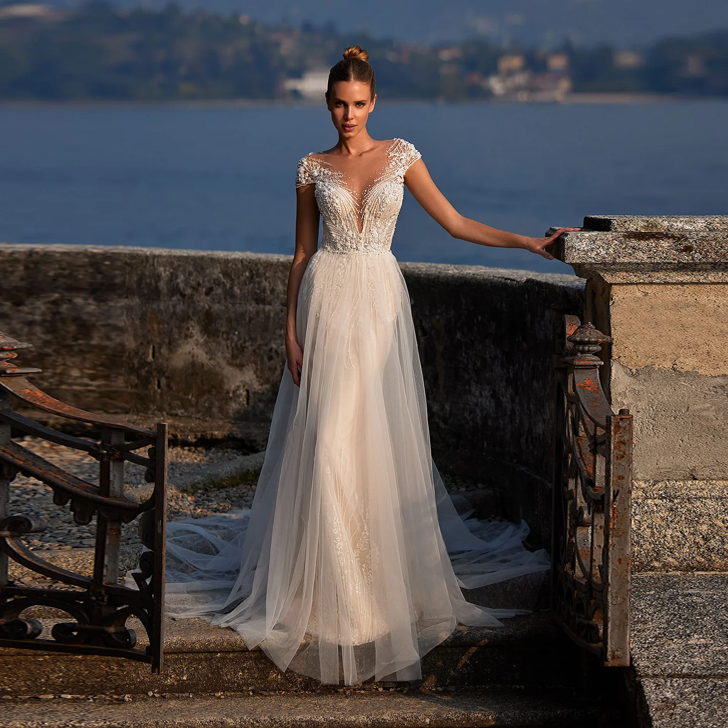 

Sharon Said Luxury Mermaid Pearl Tulle Wedding Dress 2025 Sexy O-Neck Beaded 3D Flower Princess Bridal Gowns SW469 Customized