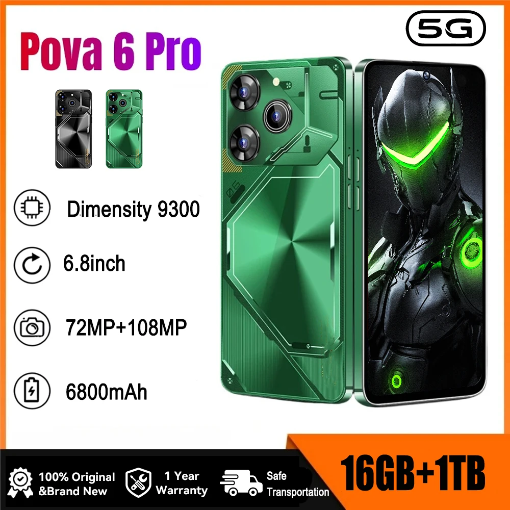 New Pova 6 Pro smartphone Global version 16G+1T 6.8'' HD+ Android 14 6800mAh 4G/5G Networks  108MP mobile phone