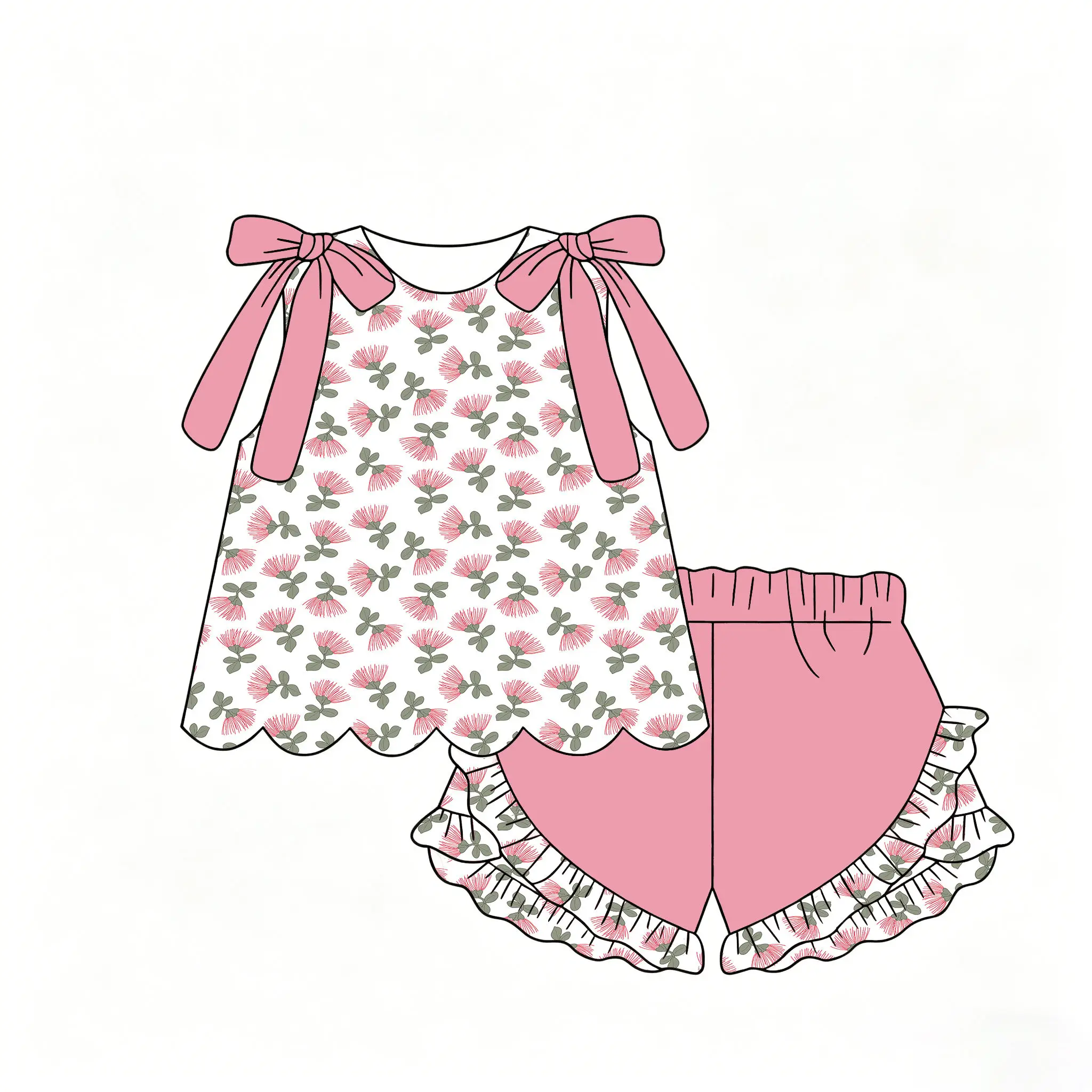 Boutique Children's Best-Seller Girls' Set Sleeveless bow-decorated dress paired with ruffled shorts flowers print Custom