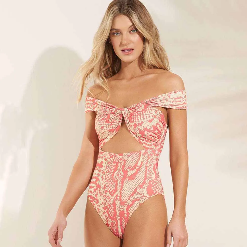 Bañador de una pieza con estampado de doble cara para mujer, Top de tubo, Bikini Sexy con hombros descubiertos, ropa de playa de verano, realce,