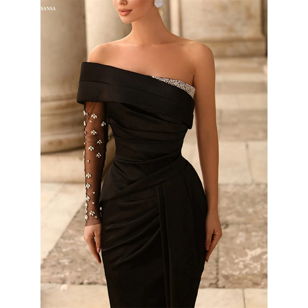 

Sansa Customized Black Mermaid One Shoulder Rhinestones Prom Dress Pleats Sleeveless Vestidos De Noche Floor-Length Formal Gown