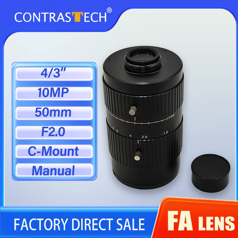 

CONTRASTECH 4/3'' Lens C-Mount Camera 10MP High Resolution 50mm Fixed Focus Lenses Big Sensor Size Machine Vision F2.0 Lens
