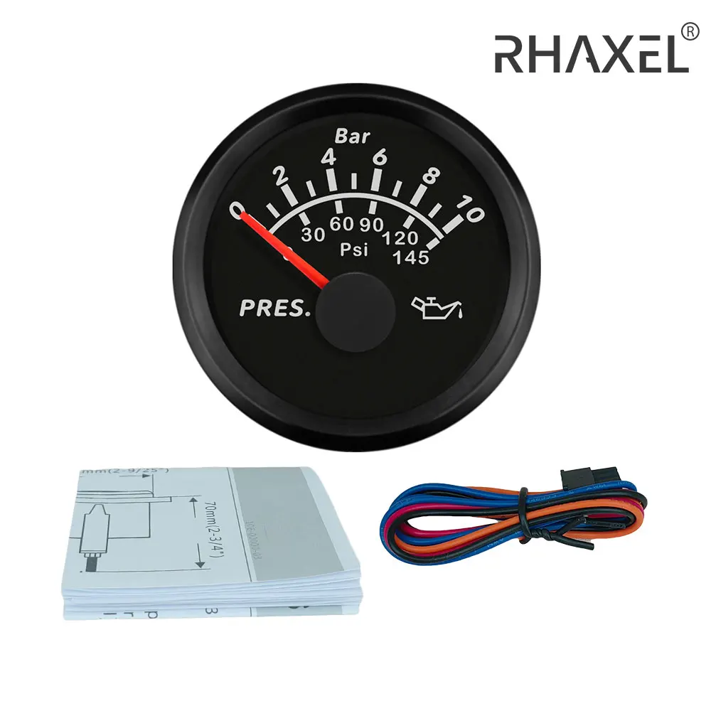 RHAXEL مقياس ضغط الزيت 0-5bar 0-75Psi 0-10bar 0-145Psi مع إضاءة خلفية حمراء 9-32 فولت 52 مللي متر لقارب السيارات السيارات