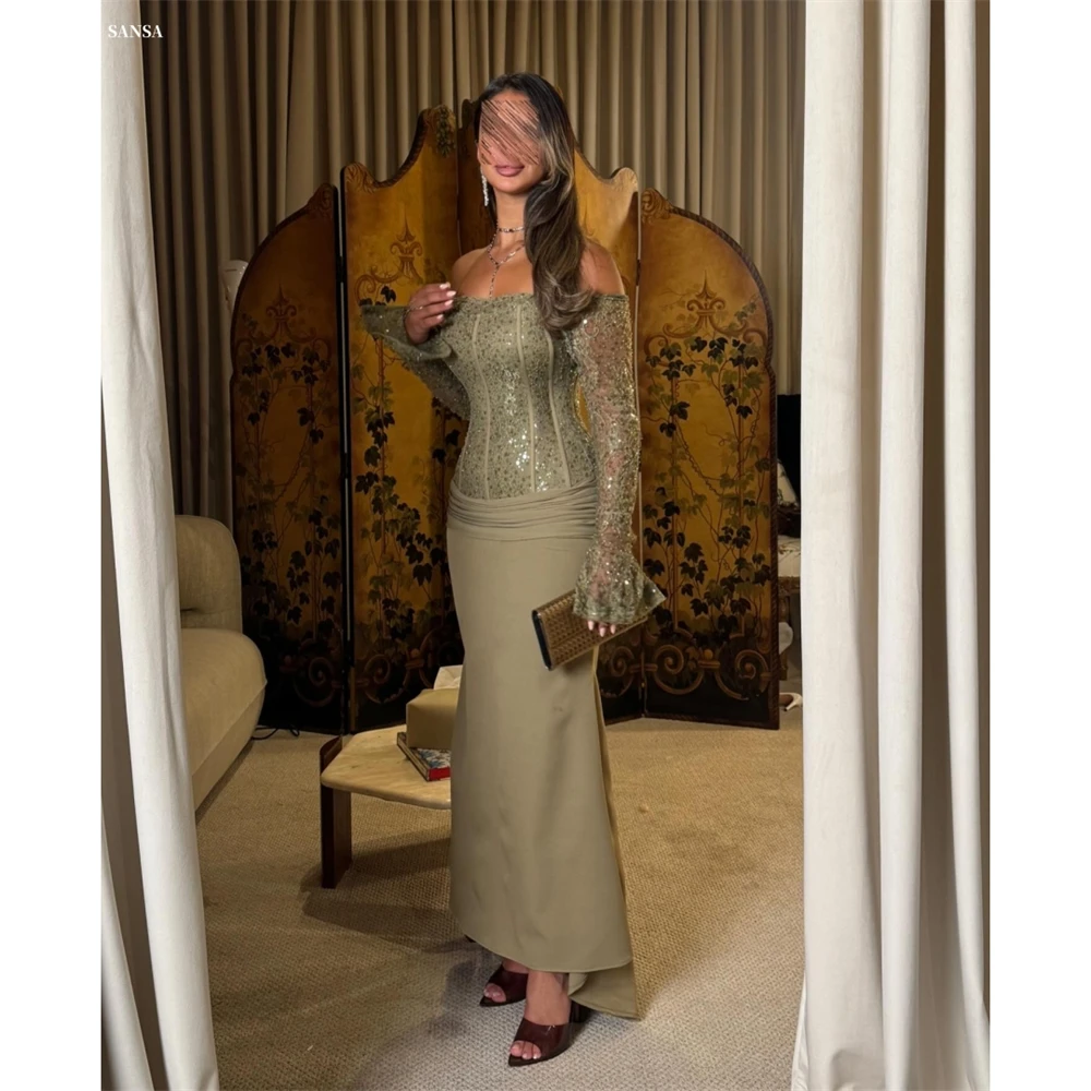 

Sansa Customized Grayish Green Trumpet Beaded Pleats Prom Dress Long Sleeve Lace Vestidos De Noche Floor-Length Formal Evening