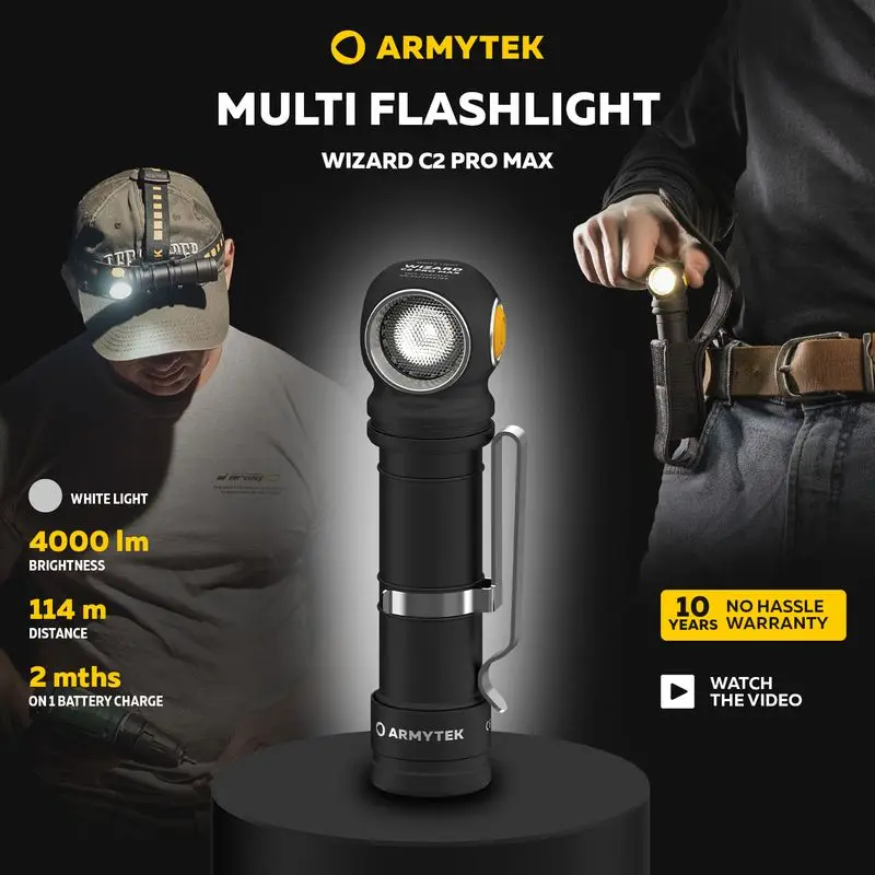 Armytek Wizard C2 Pro Max 4000 Lumens Rechargeable Headlamp, Powerful LED Multi Flashlight with 21700 Battery, IP68, Outdoor