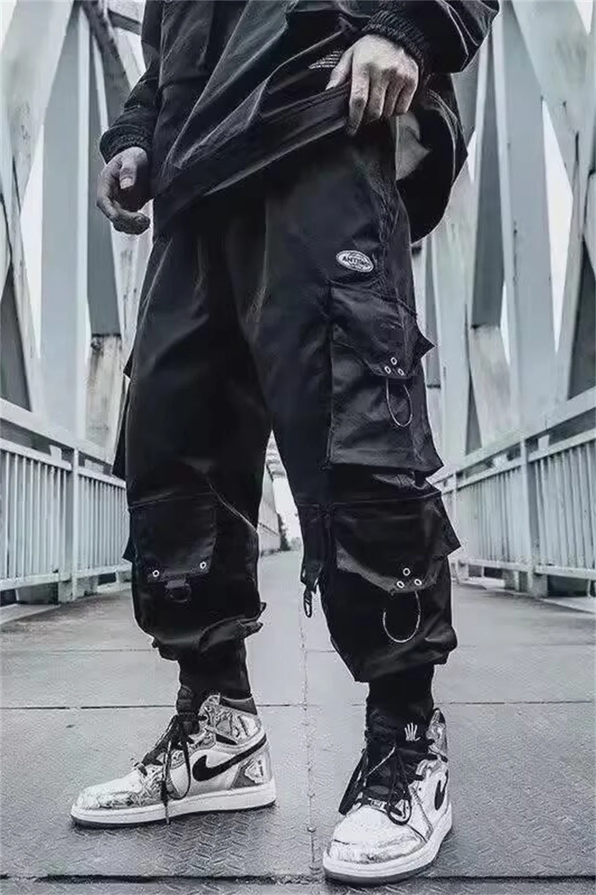 Funktionale Cargohose mit großen Taschen für Herren, Harajuku, lockerer Hip-Hop-Stil, trendige, elastische, knöchellange Freizeithose, moderne Streetwear – Detail 6