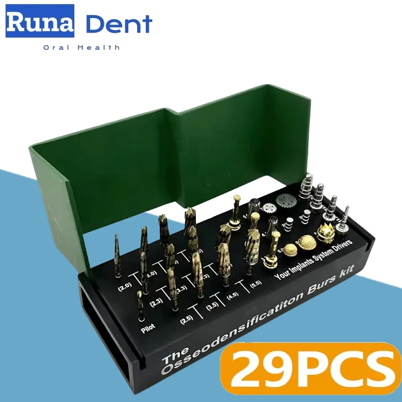 

Набор для конденсации костной ткани из 29 предметов: стоматологические боры для остеоденсификации, инструменты для расширения костной полости при имплантации, хирургические инструменты для альвеолотомии, оборудование для стоматологов
