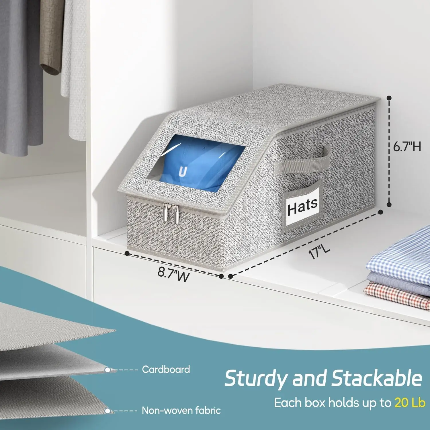 Hat Organizer for Baseball Caps, Hat Storage Holder Container for Closet Hold Up to 12 Caps with Clear Window, Hat Boxes for Home Storage | 2Pcs Grey