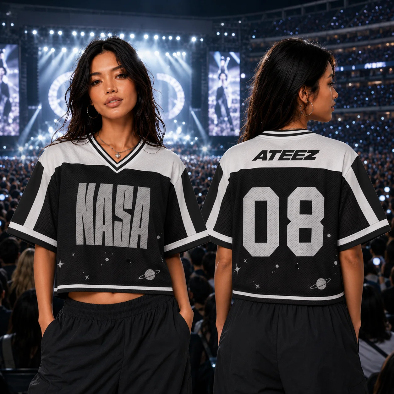 2026 Kpop ATEEZ NASA 08 Cropped ersey V-Neck Short Sleeve Top Women Streetwear Star Planet Print Concert Fan Support T-Shirt