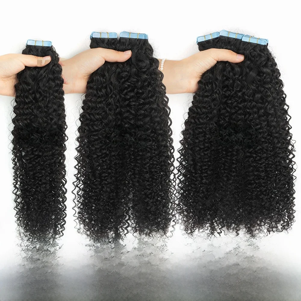 Jet noir Afro crépus bouclés bande dans les Extensions de cheveux humains pour les femmes de chocolat bande Ins Extension de cheveux bande sur pour Salon 20 pièces