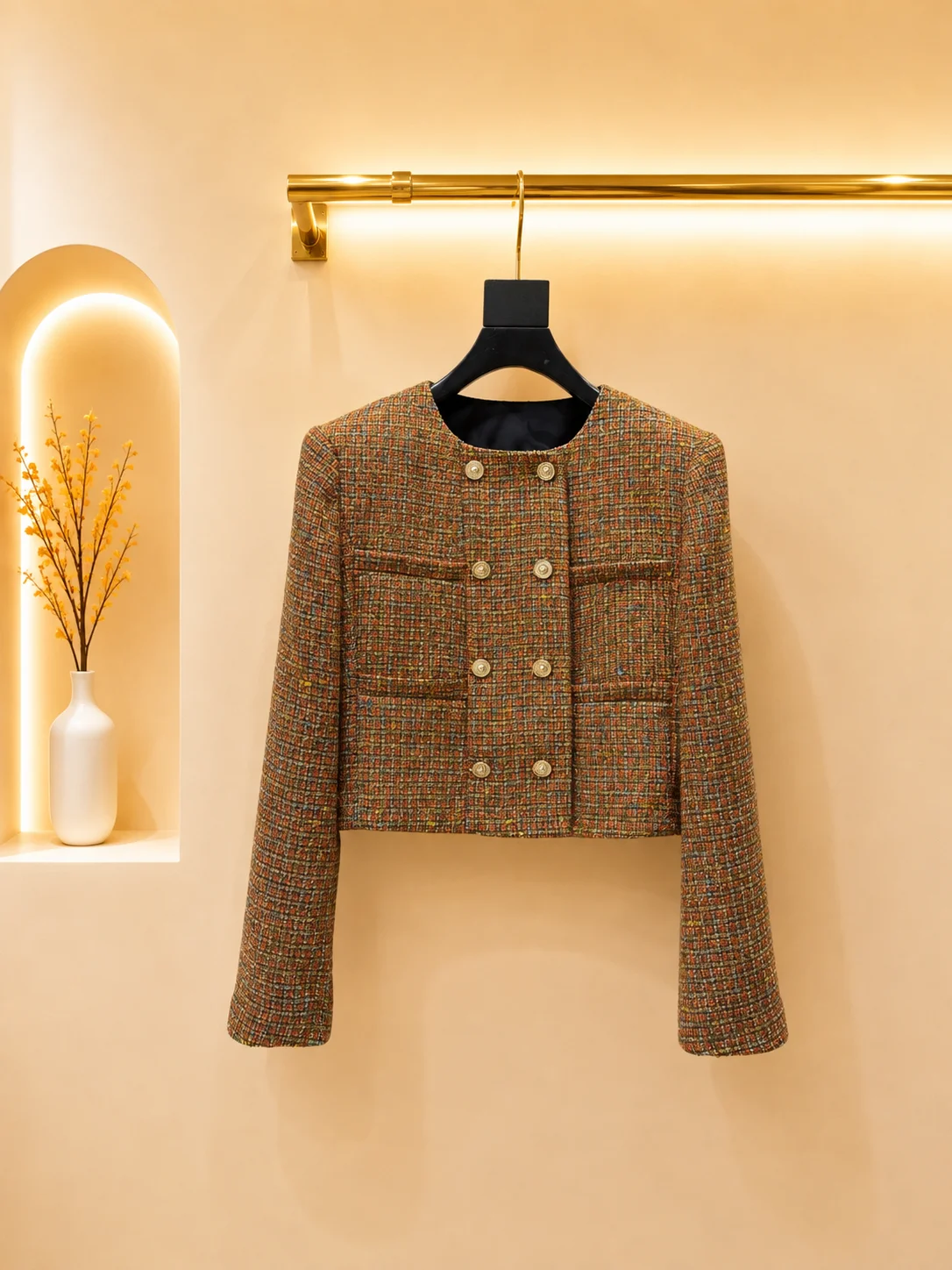 Tailored Coat Wool - Damska tweedowa kurtka 2026, okrągły dekolt,