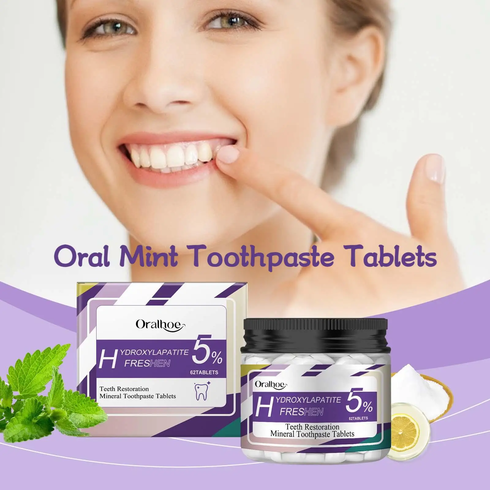 Oralhoe 62pcs Mint Anti Decay Teeth Tablets Remove Yellow Stains Cleaning Refresh Bad Breath Teeth Whitening Toothpaste Tablets