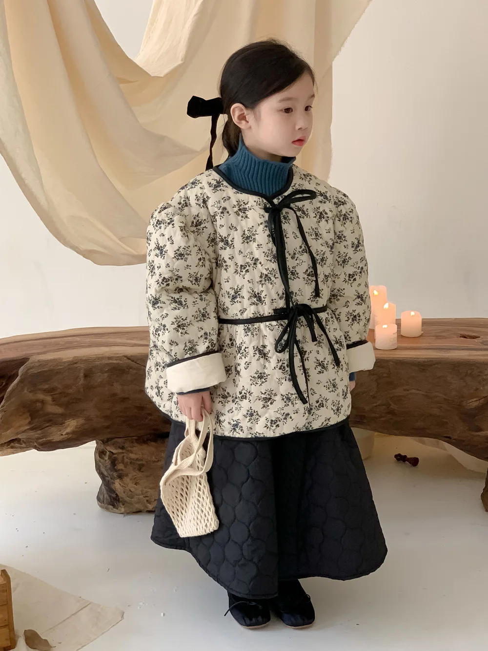 2023 Winter Girls Floral Cotton-padded Coat Puff Sleeve Parkas Kids Lace-up Jacket Children's Casual Belted Thick Outerwear