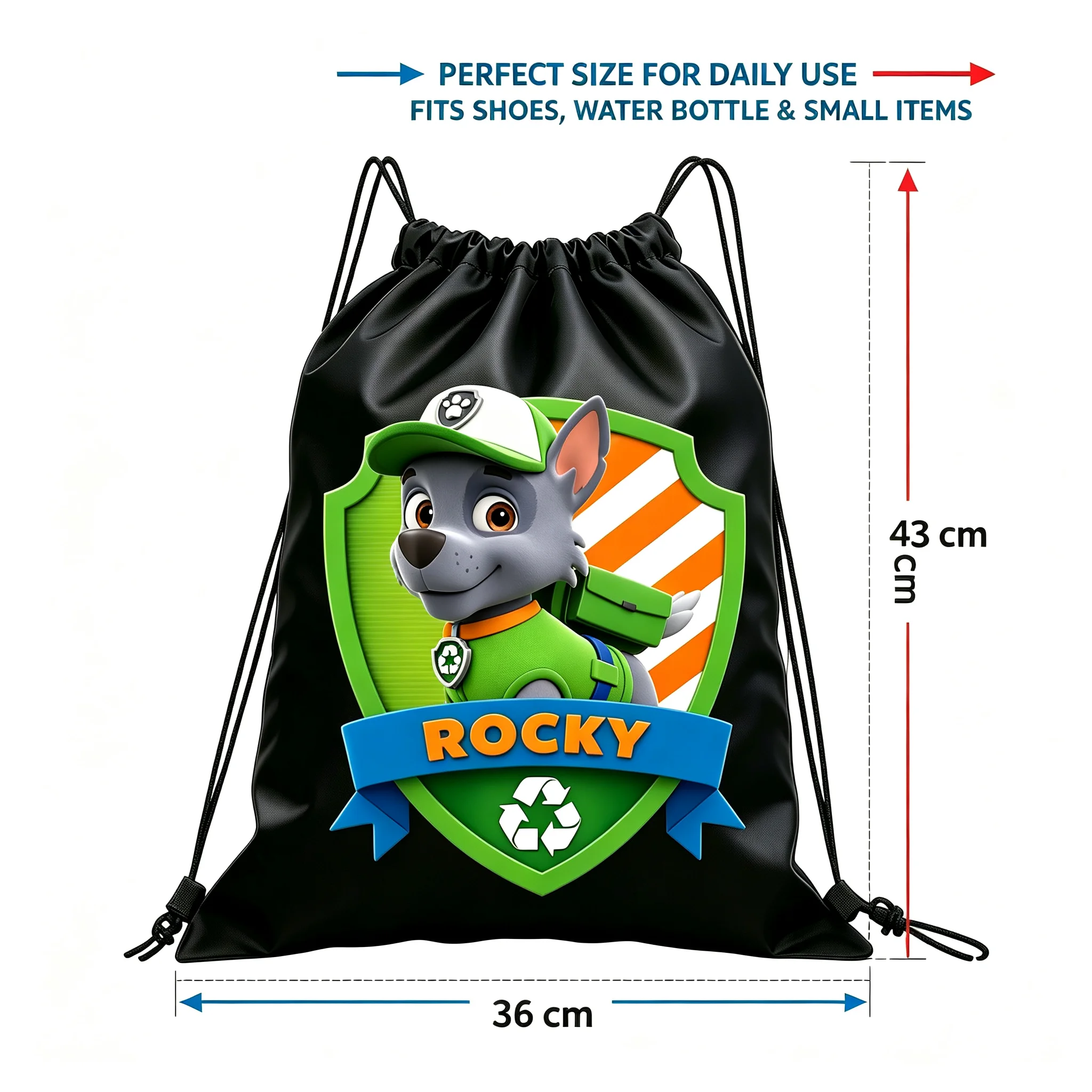 Paw Patrol Rocky Badge Style Drawstring Backpack 36×43cm Polyester Kids Gym Sack Portable Cartoon Storage Bag Gift For Paw Patrol Little Fans