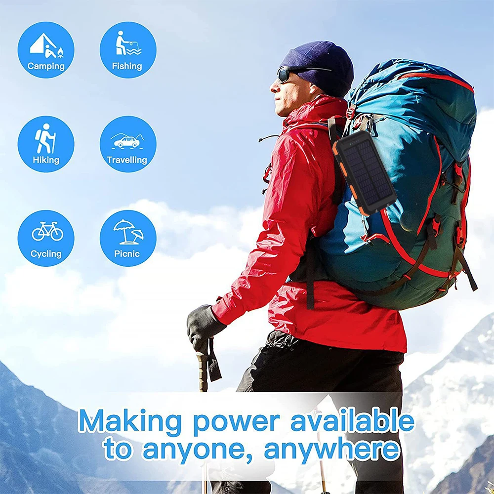 20000mAh المحمولة بنك الطاقة الشمسية التخييم شاحن بطارية خارجي للهواتف المحمولة 2 USB/ مصابيح كاشفة بلمبات LED شاحن
