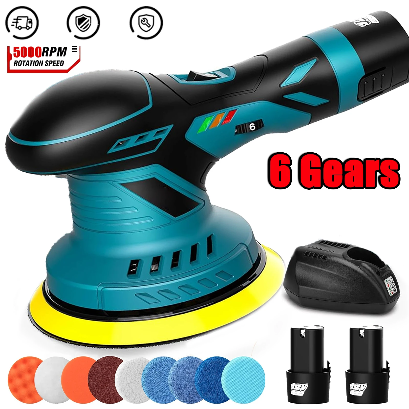 6 Gears Cordless Car Polisher 12V Wireless Car Polishing Machine 2pcs 2.0Ah Battery Power Tool Electric Waxing Repairing Sander