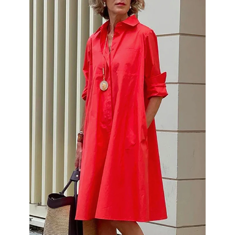 Long Sleeves Solid Color Lapel Maxi Dresses Midi Dresses Four colors to choose from Casual Dress