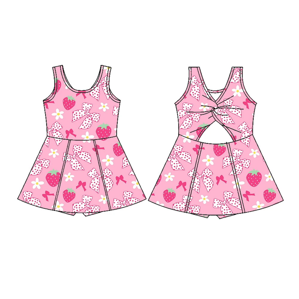 Boutique children's dresses Hot-selling girls' dress safety shorts crossover design Strawberry bow flower print custom