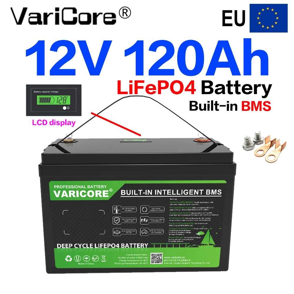 Batterie au lithium LiFePO4 VARICORE 12V 120Ah avec BMS intégré et écran LCD, batterie rechargeable à décharge profonde pour panneau solaire, camping-car, bateau, camping et alimentation de secours.