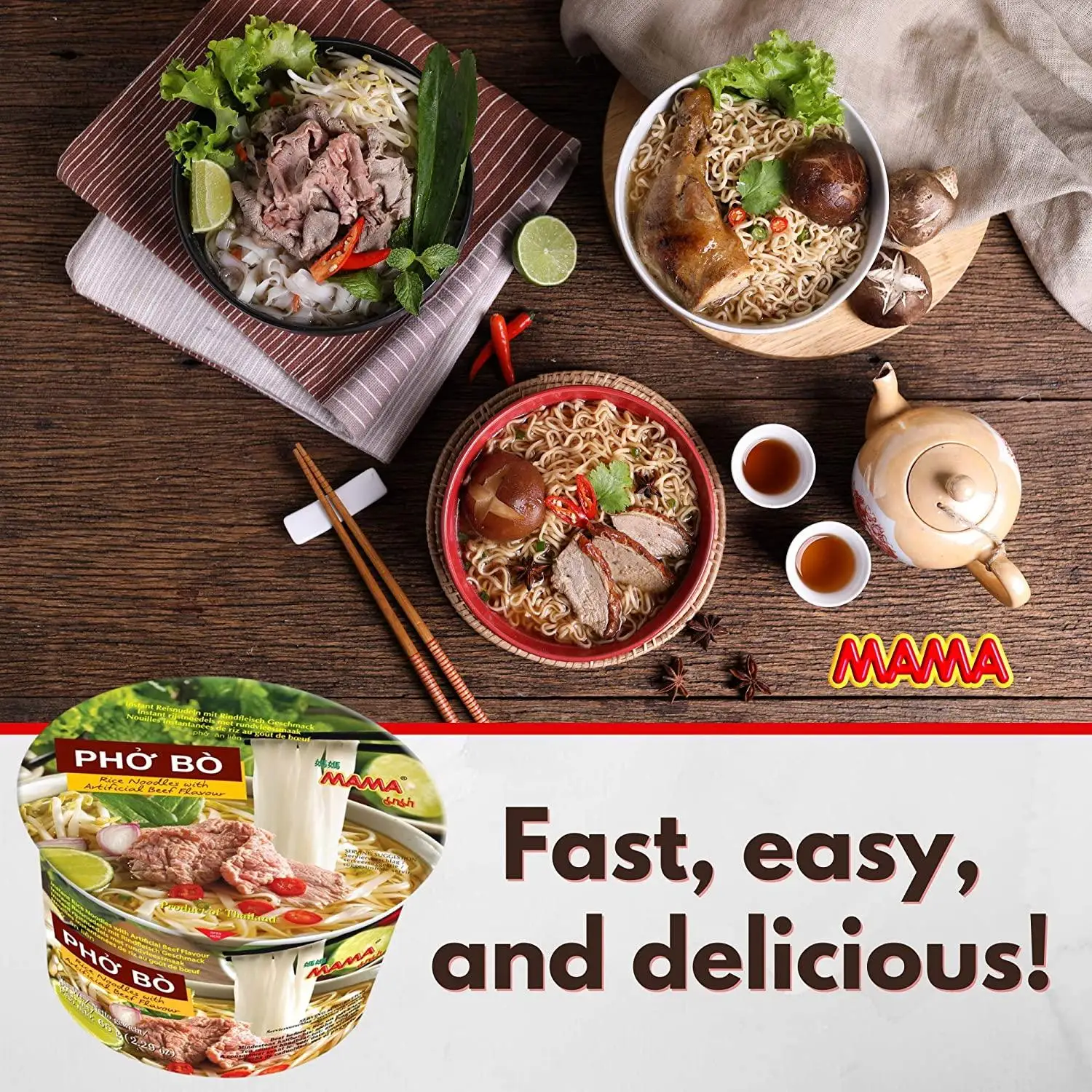 MAMA Pho Bo-cuenco para sopa de ternera instantánea, Bol para Fideos de 2,29 onzas (paquete de 6)