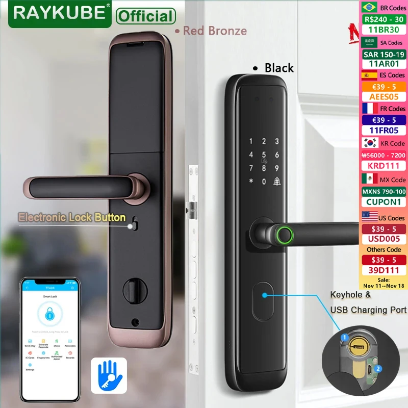 RAYKUBE Z4 Advanced TT Lock Bluetooth Electronic Smart Door lock Fingerprint Intelligent Lock with 6068 Electronic Mortise Lock