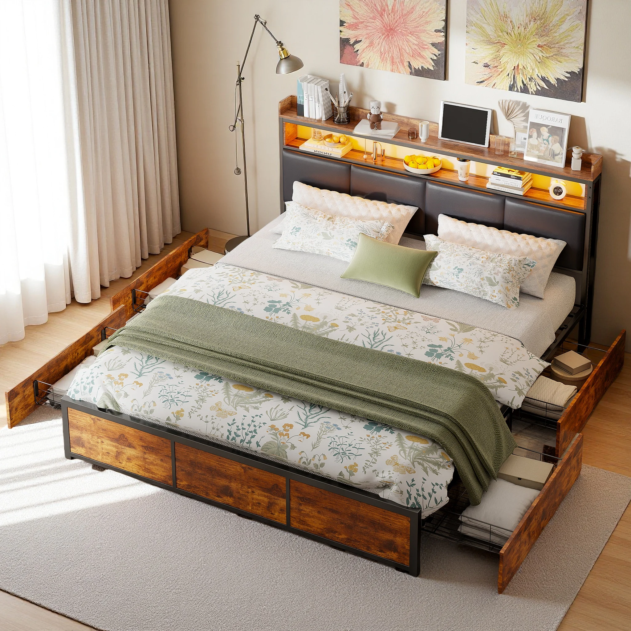 Doppelbett aus Metall, 180x200cm, mit Stauraum, ausgestattet mit LED und USB-Anschluss, mit 4 Schubladen und einem Fach