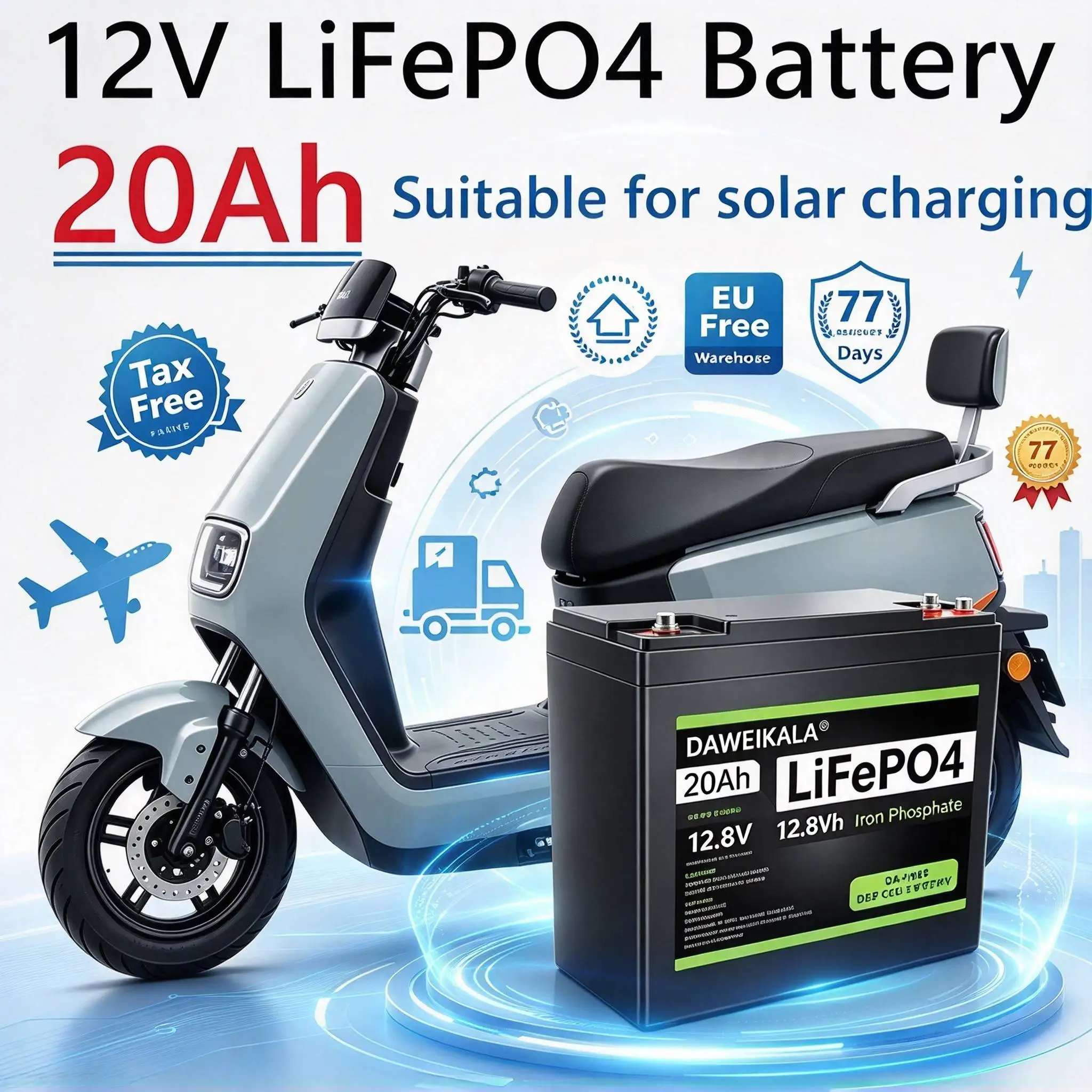 Batterie rechargeable LiFePO4 12V 20Ah à décharge profonde avec BMS intégré, batterie au phosphate de fer et au lithium de grande capacité pour bateau, moteur marin et scooter pour enfants, exonération de taxes