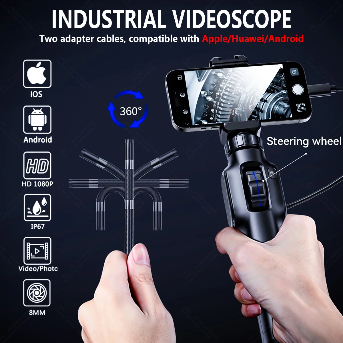 

6/8mm 360° 1080P Industrial Rotary Endoscope Inspection Camera Rotation For Cars Inspection Device Android Iphone IOS Mobile