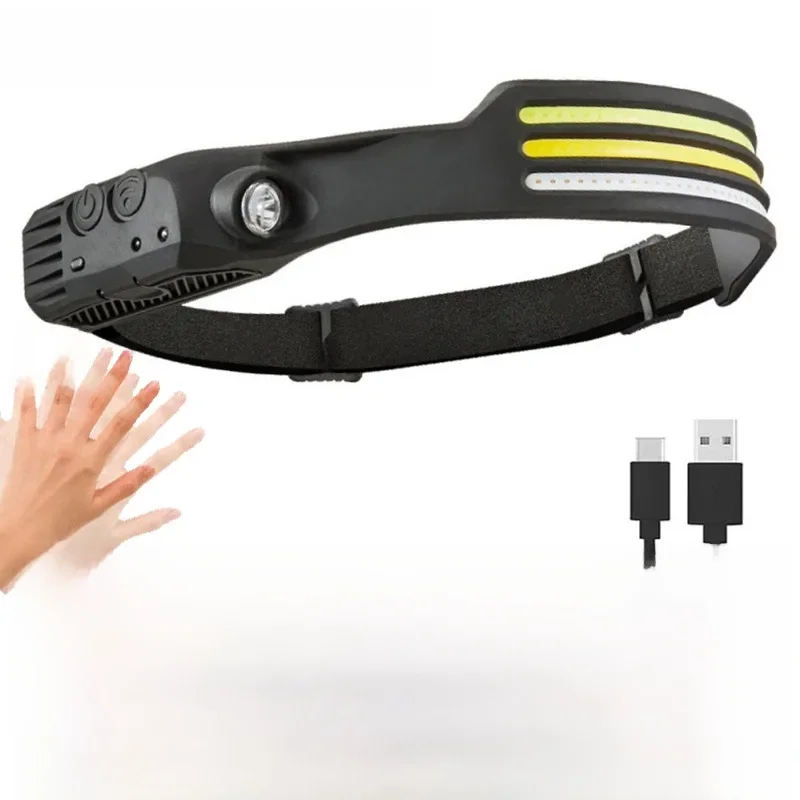 Stirnlampe mit COB-LED-Sensor, Induktionsscheinwerfer, eingebauter Akku, Taschenlampe, wiederaufladbar über USB, Stirnlampe, 5 Beleuchtungsmodi, Scheinwerfer