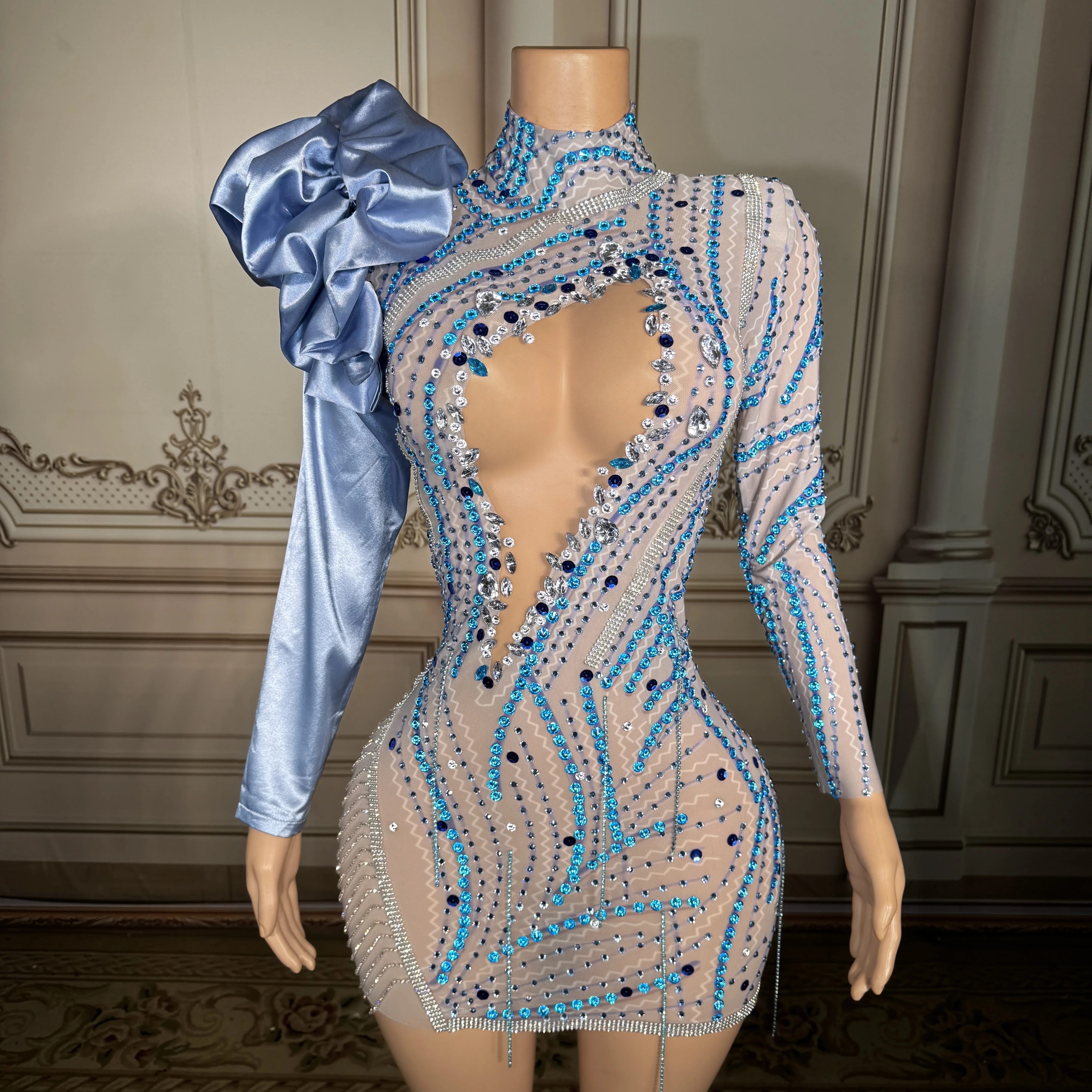 

ZD glamorous one sleeve bodycon dress featuring sparkling blue rhinestones and crystal embellishments on sheer nude mesh fabric