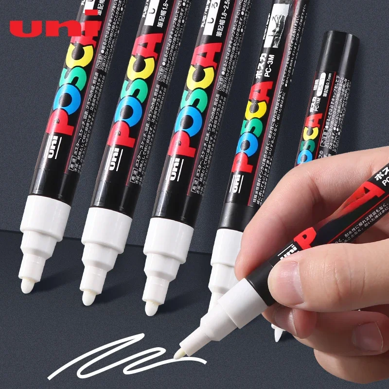 3szt Uni White rotulador permanente, Posca Acrylic PC 1M 3M 5M Black Paiting graffiti Rotuladores For Glass Ceramic Leather Fabric — zdjęcie produktu 7