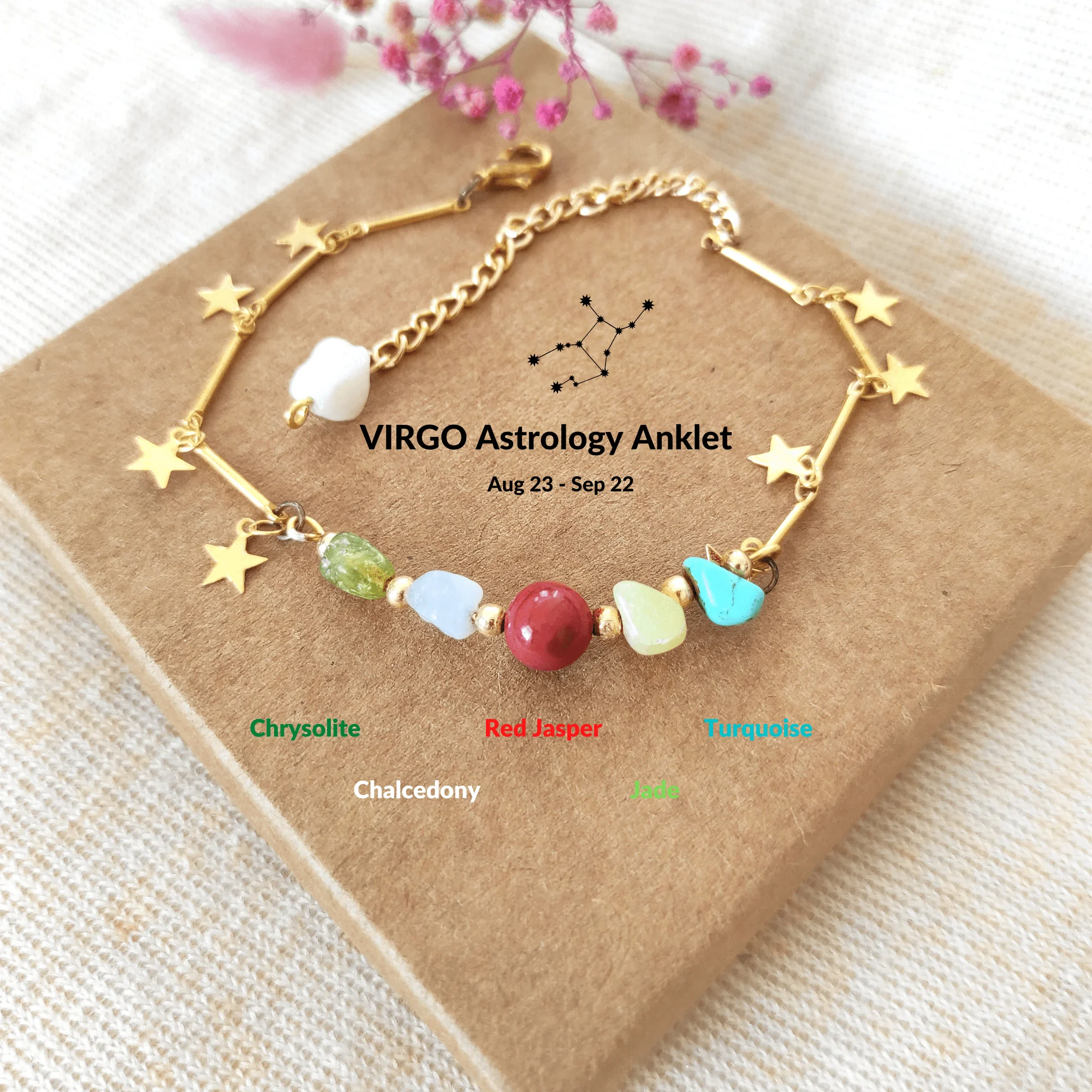 

LightCrop Design Virgo Adjustable Natural Stone Gold Anklet zodiac gold plated fashion gift for mom