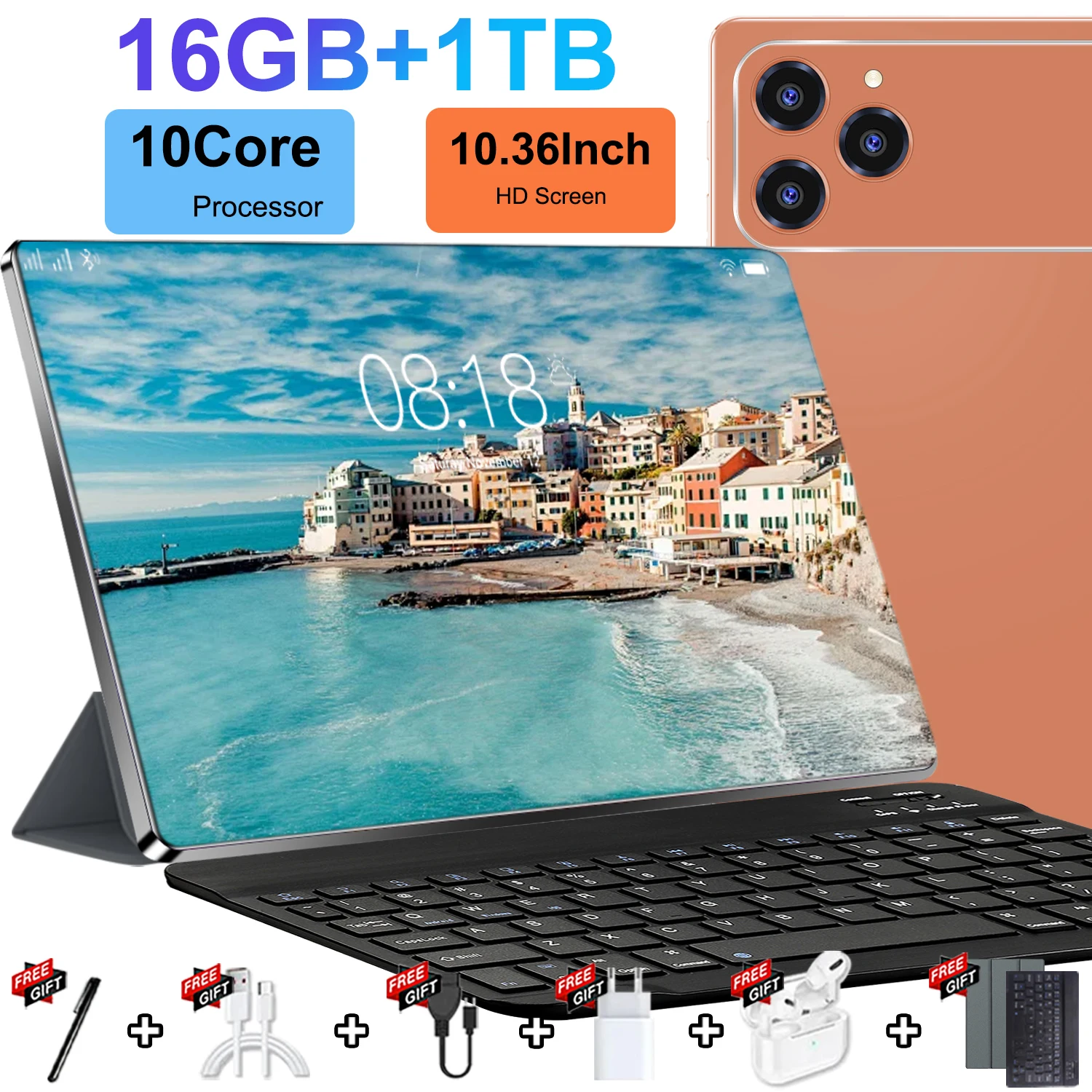 Tragbares 10,36 Zoll 5G Tablet für Studium und Spiele, Android 13, 16 GB RAM, 1 TB ROM, Dual-SIM, WLAN, GPS, WPS, Dual-Lens-Kamera mit Tastatur