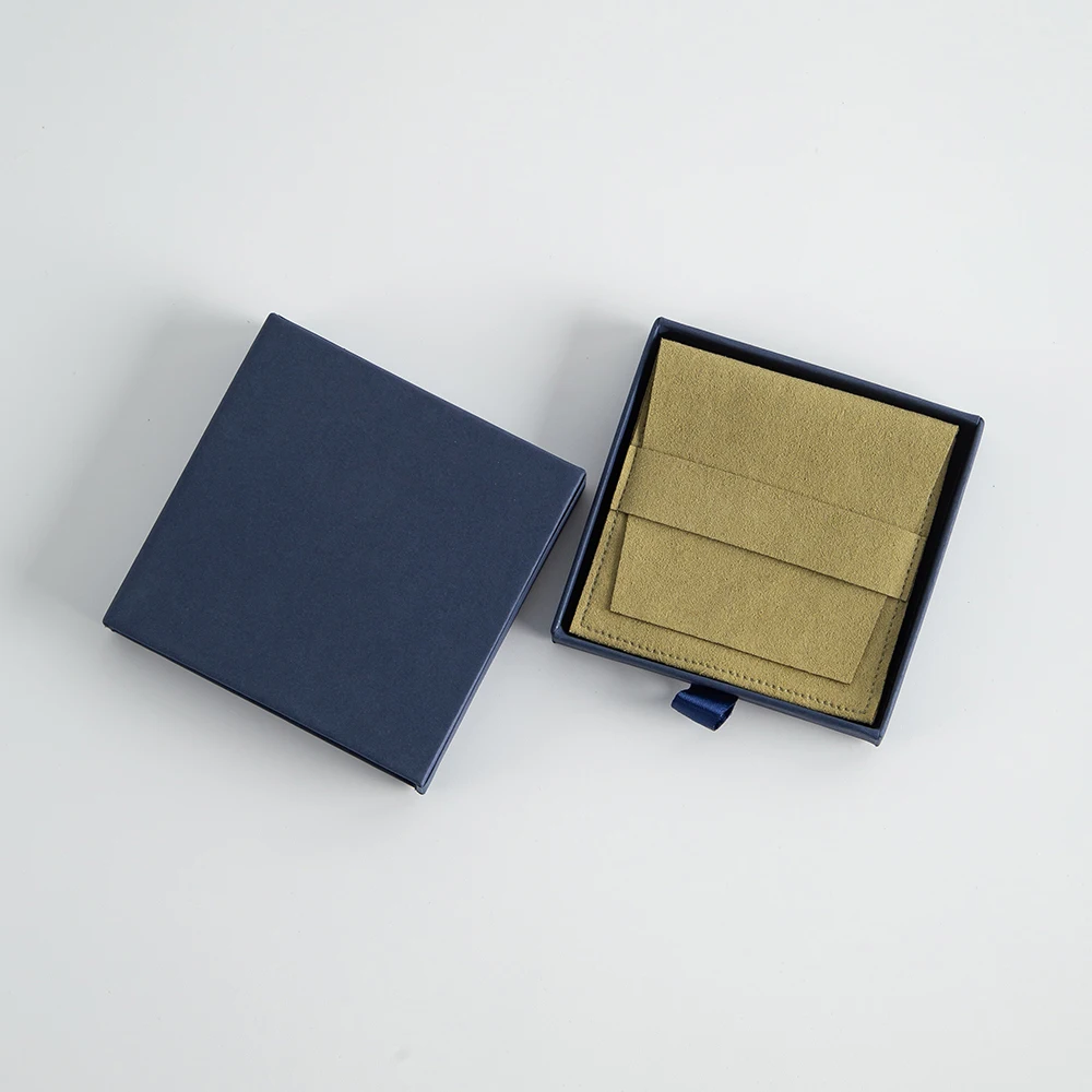 Small 8x8cm Microfiber Jewelry Bag and 9x9x2.5cm Dark Blue Drawer Paper Box Ring Packaging Gift Pouch Wedding Favor Packaging